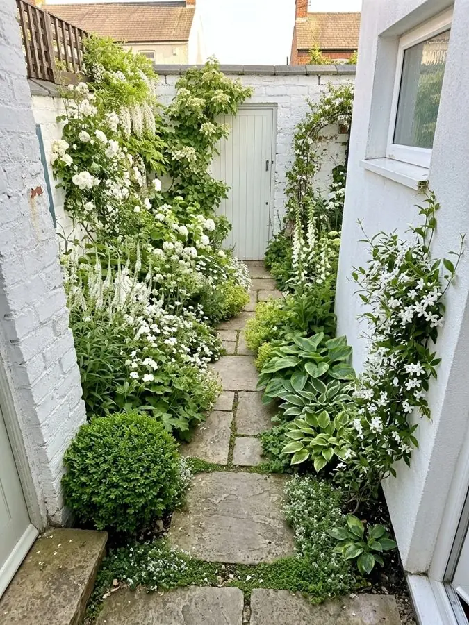 A stone path between white roses and hostas, designed with the app