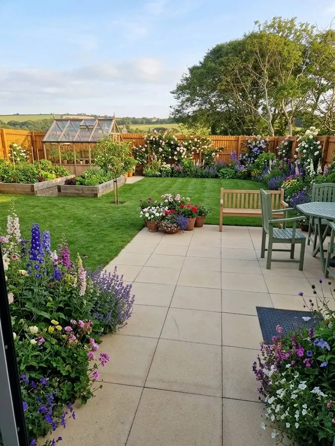 A stone patio with borders of delphiniums, and a lawn out to raised beds and a greenhouse, redesigned with the app