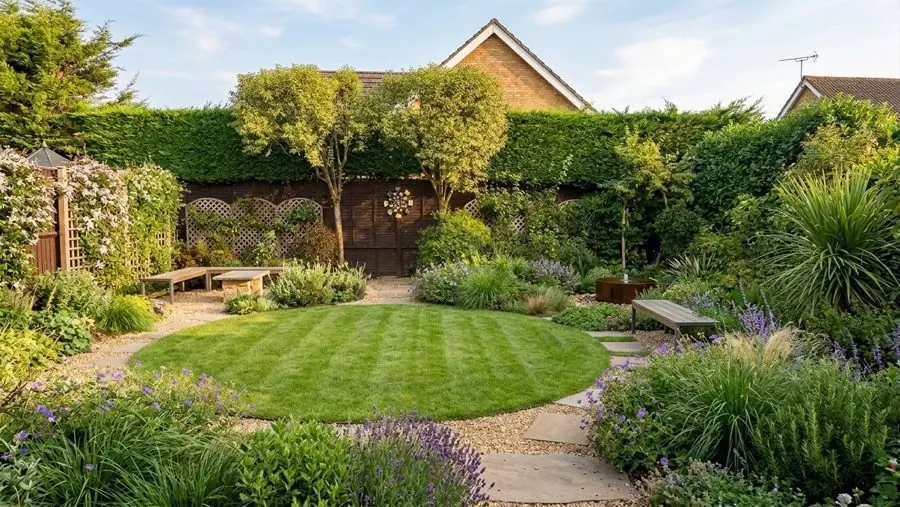 A round striped lawn ringed by gravel, grasses and lavender, redesigned with the app