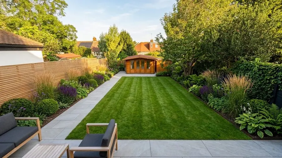 Striped lawn to a summer house, designed with the app