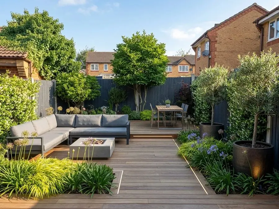 Timber deck, outdoor sofa and an olive, a patio garden idea