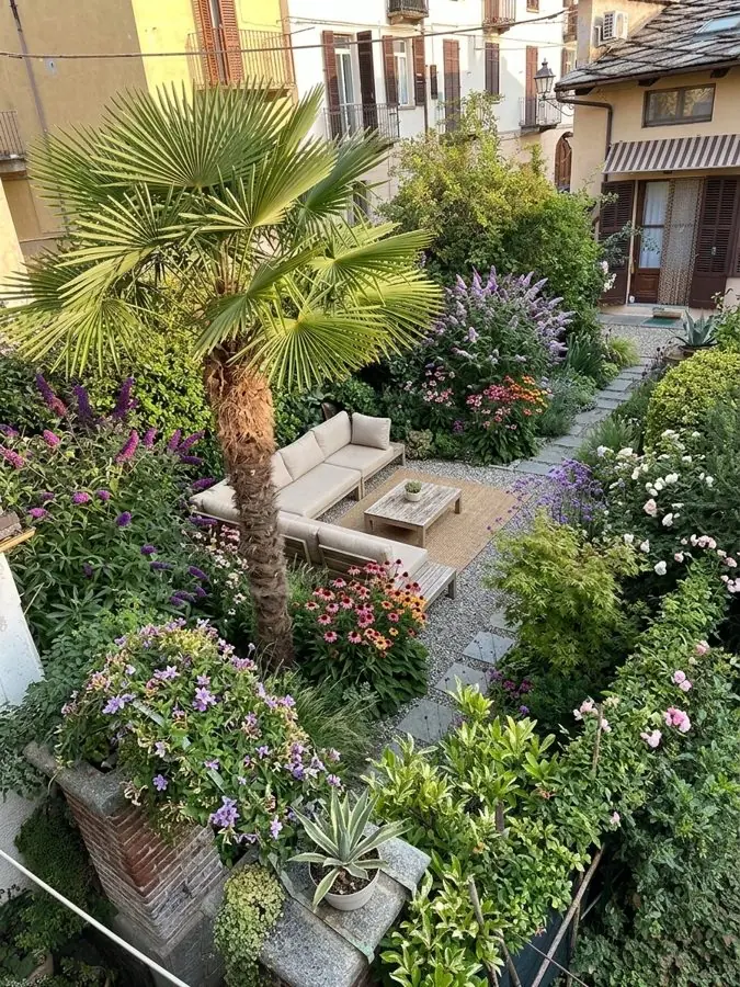 A town garden seen from upstairs, with a path to a sofa under a palm, designed with the app